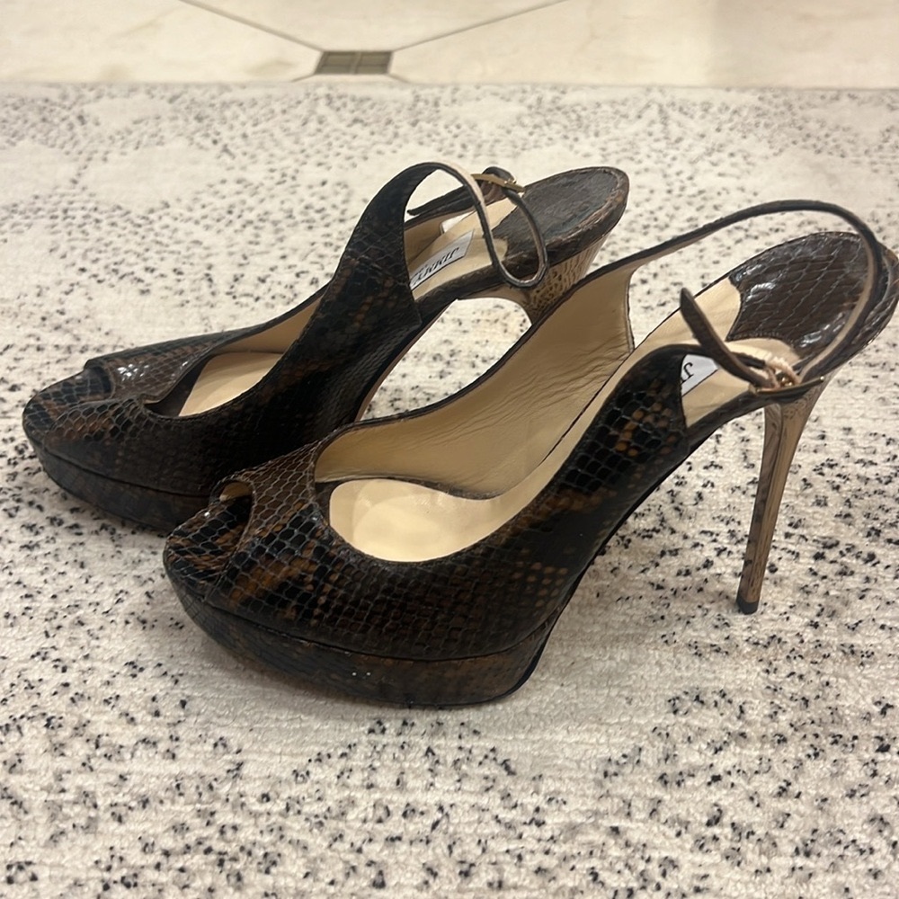 Jimmy Choo Brown Python Peep Toe Gold Mirror Heels